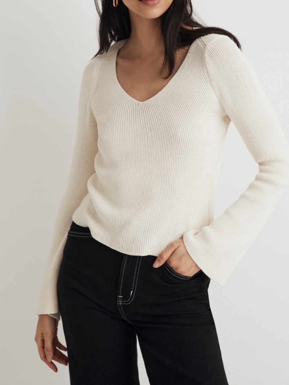 Madewell Flared-Sleeve V-Neck Sweater in White